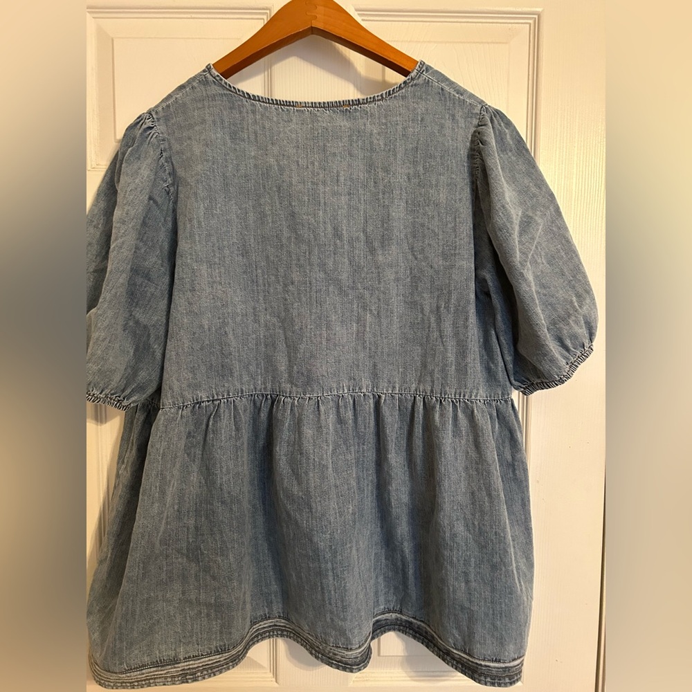 She + Sky Light Wash Denim Tie-Front Peplum Top - Picture 2 of 4